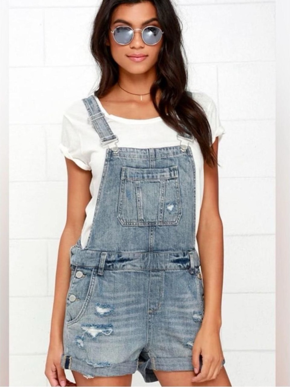 Blank NYC Light Blue Distressed Denim Short Overalls